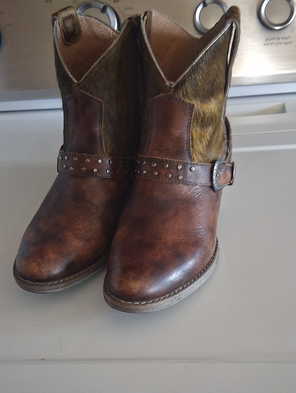 Women's Brown Leather Western Ankle Boots with Studded Strap